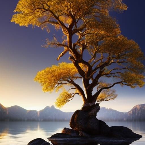 Golden Tree in Lake at Dawn: Digital Matte Painting