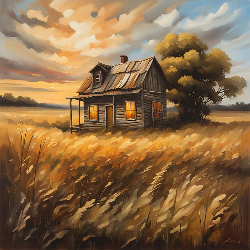 Rustic House in Field, Landscape Oil Painting