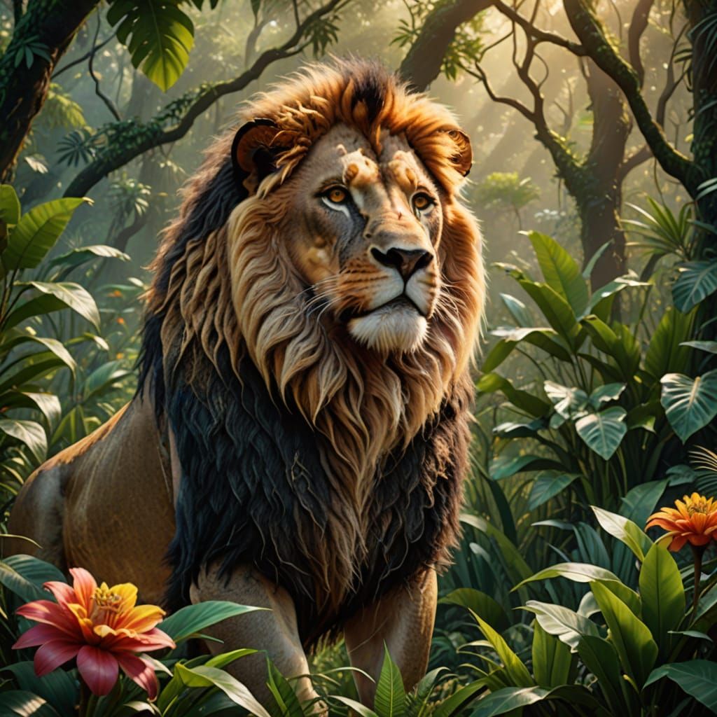 Regal Lion King in a Vibrant Jungle Paradise