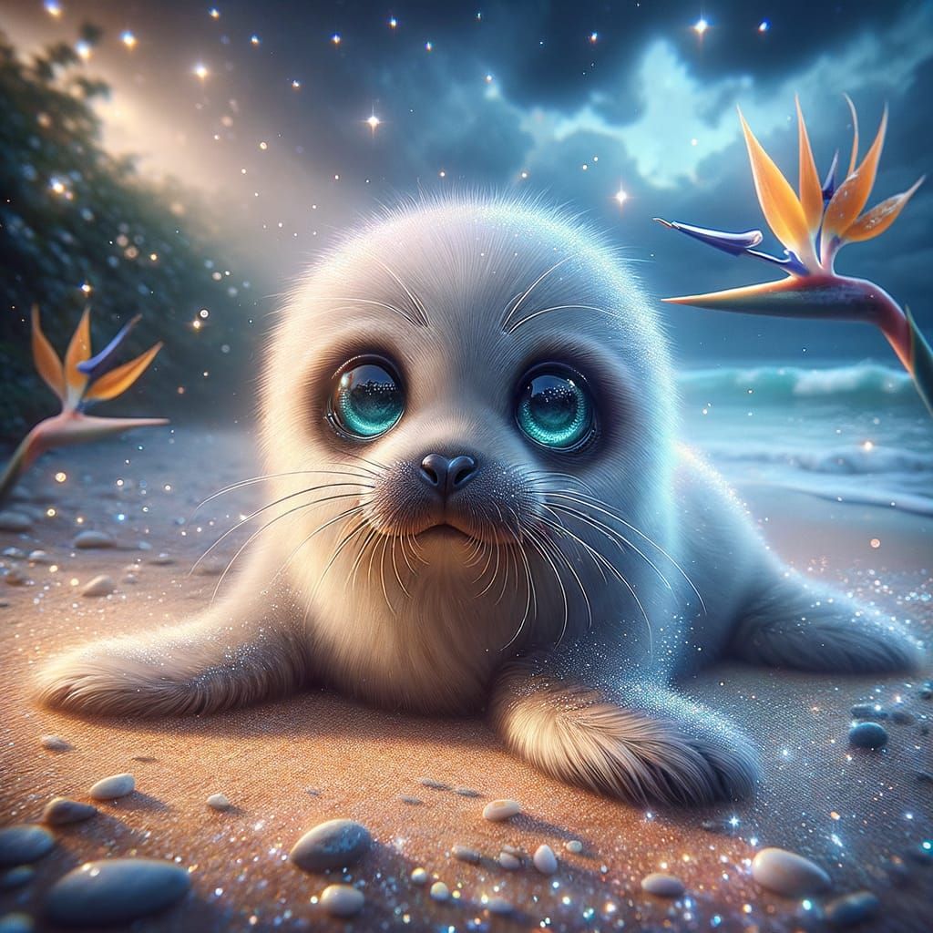 Adorable Siamese Seal Pup on Starry Beach