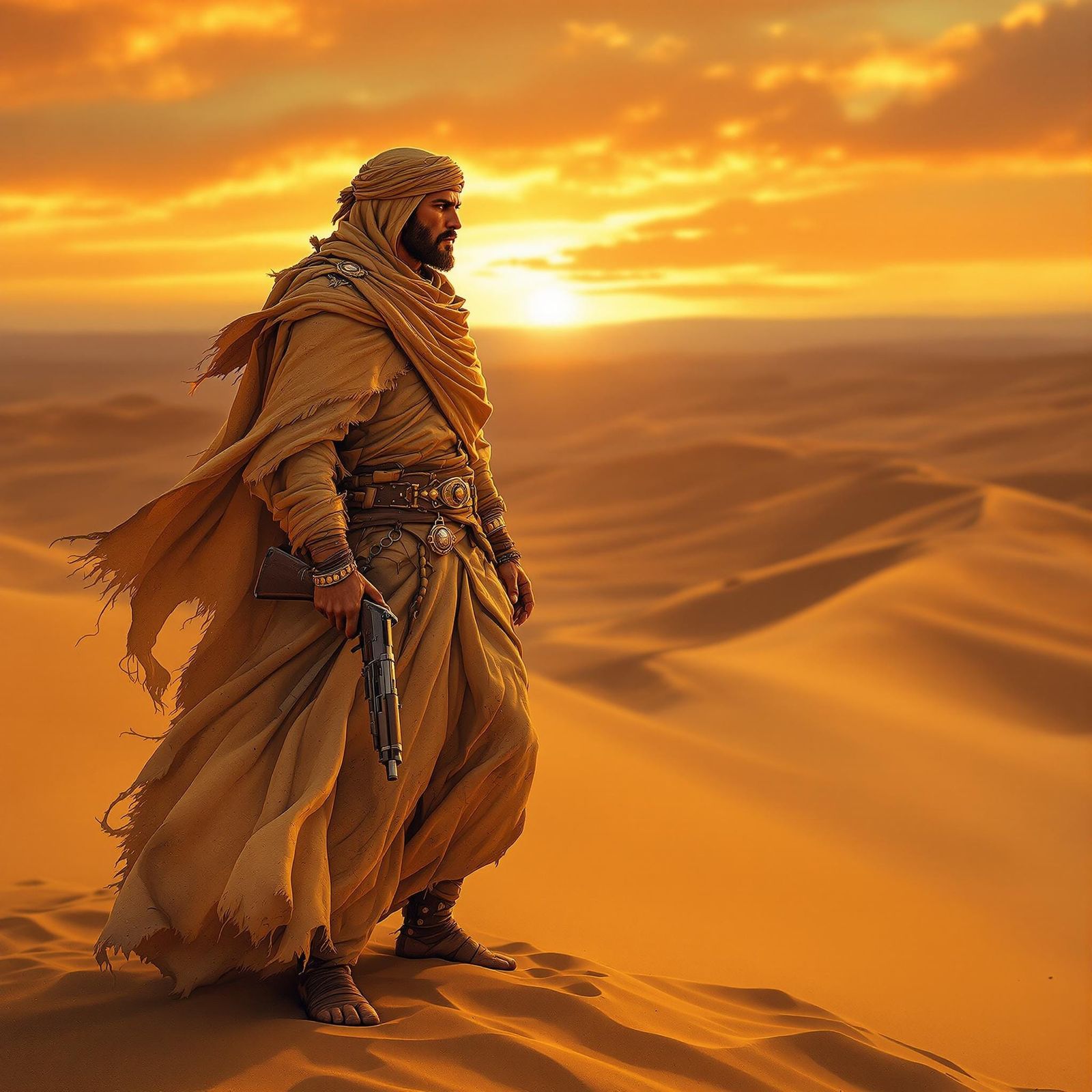 Tuareg Warrior in Sahara at Sunset: Cinematic Realism