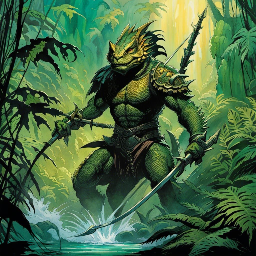 Lizardman Spearfisher in Jungle, Watercolor Comic Art