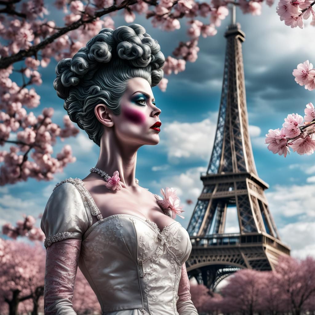 Bride of Frankenstein with Cherry Blossoms and Eiffel Tower