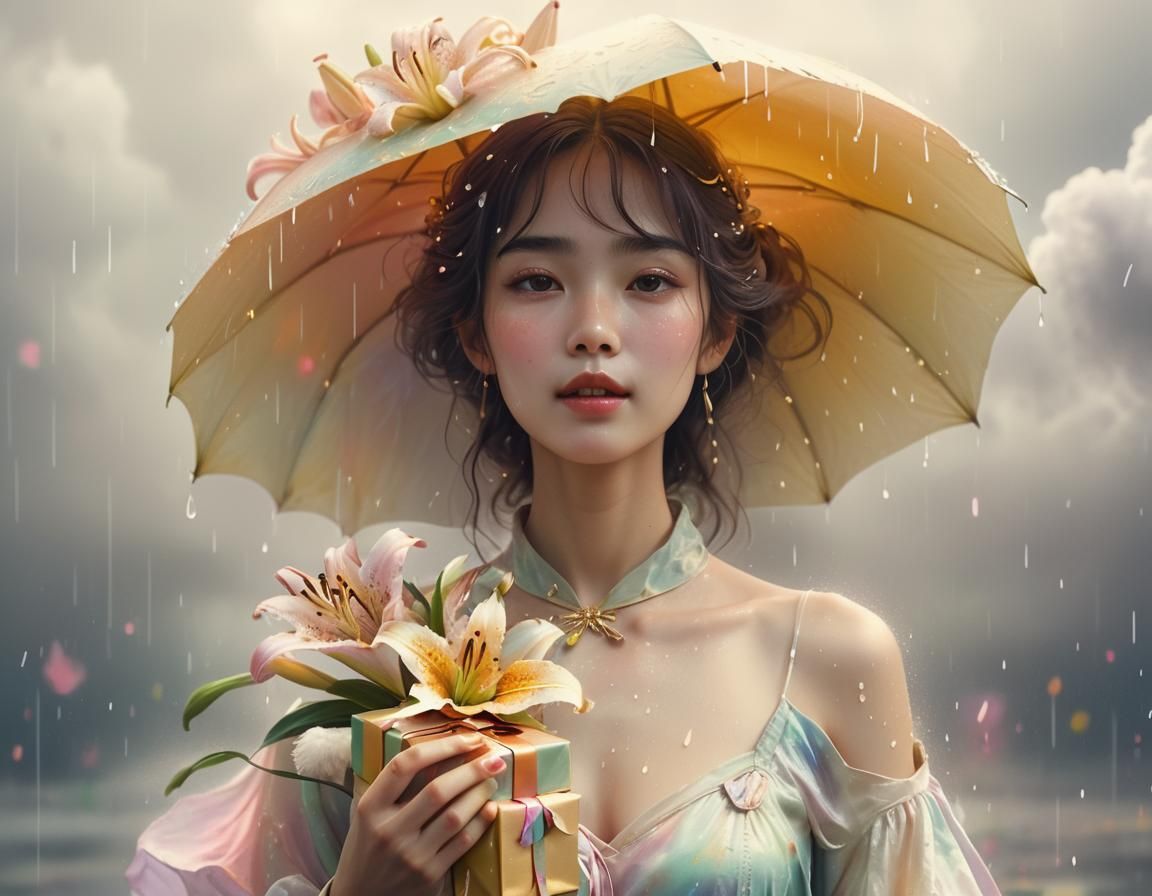 Ethereal Lily Woman with Gift in Dreamy Light