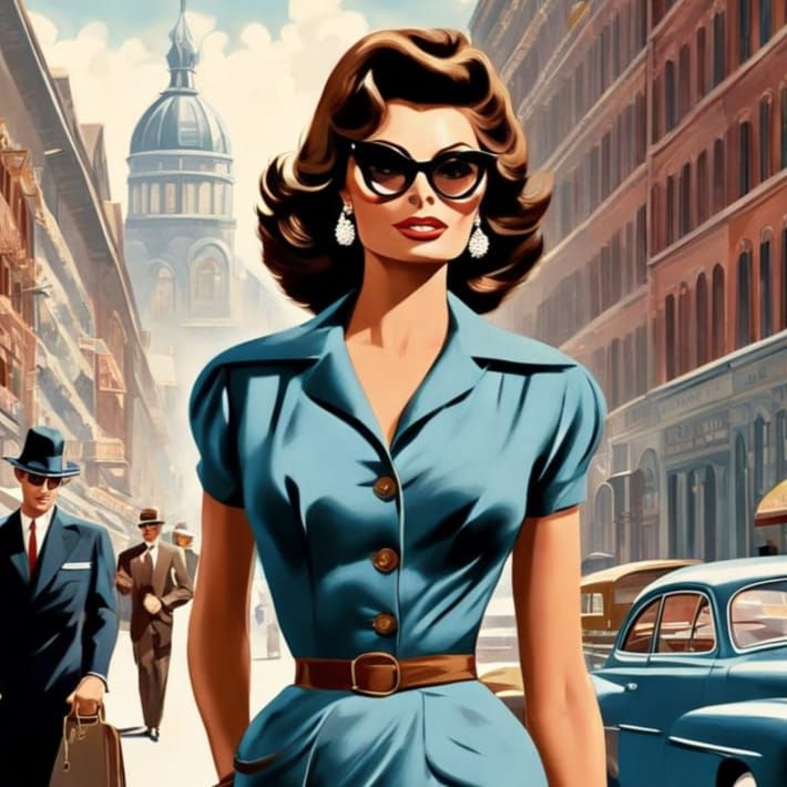 Vintage Pulp Goddess Strolls City Streets