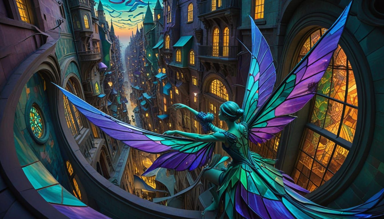 Surreal Fairy Navigates Impossible City in Vibrant Colors