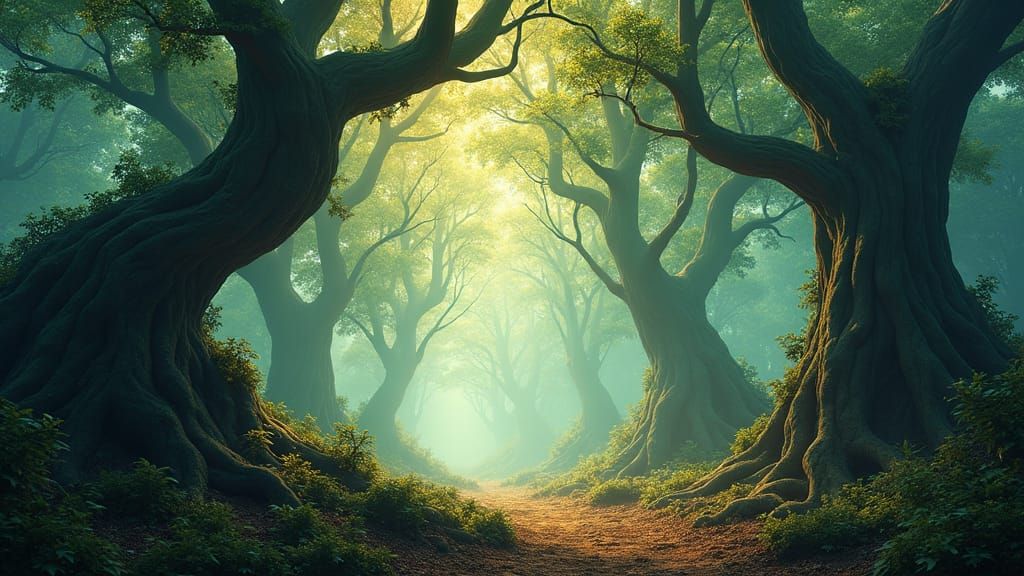 Enchanted Forest Landscape in Atmospheric Matte Painting Sty...
