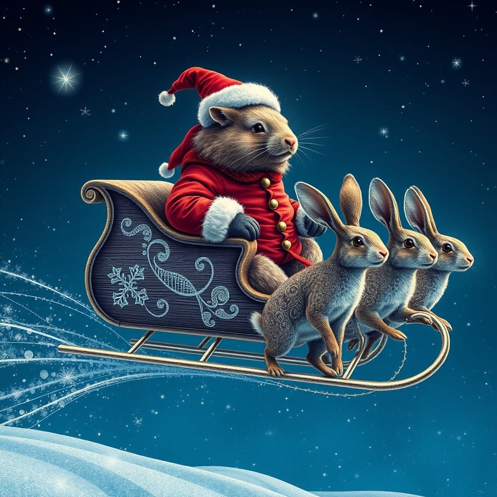Magical Wombat Santa in Sleigh, Pulled by Rabbits Under Indi...