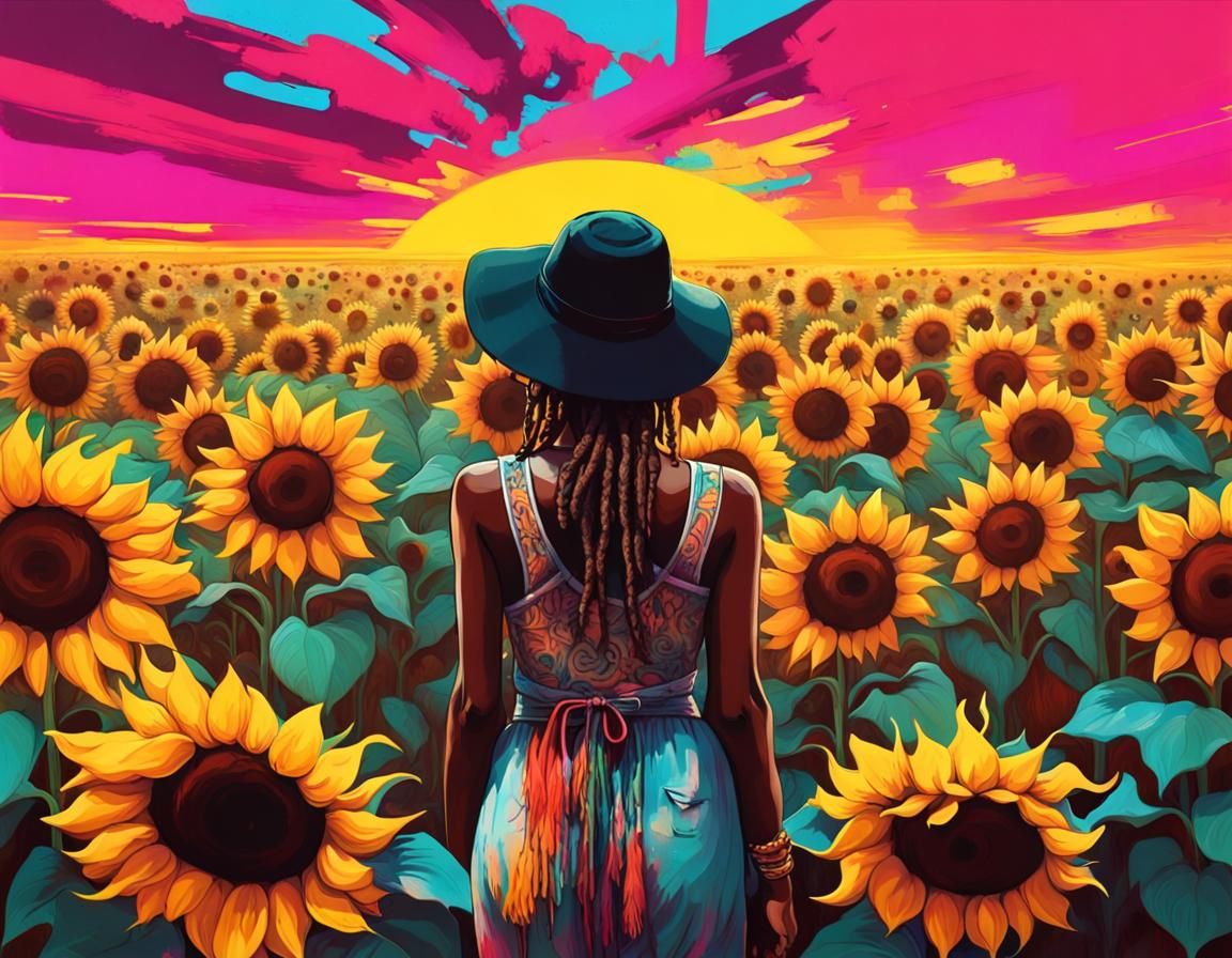 sunflowers field with colorful backround and a black woman with boho clothes looking towards the field, we only can see ...