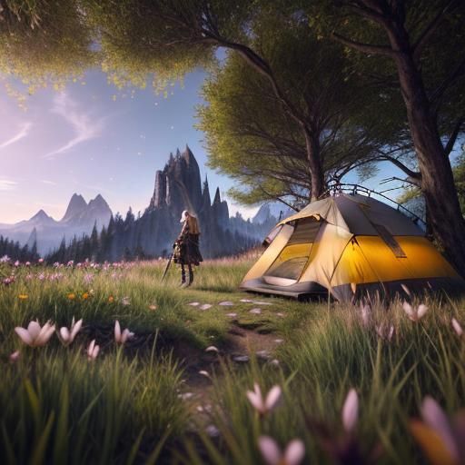 Backpacker Camping in Mountain Field: Detailed Matte Paintin...