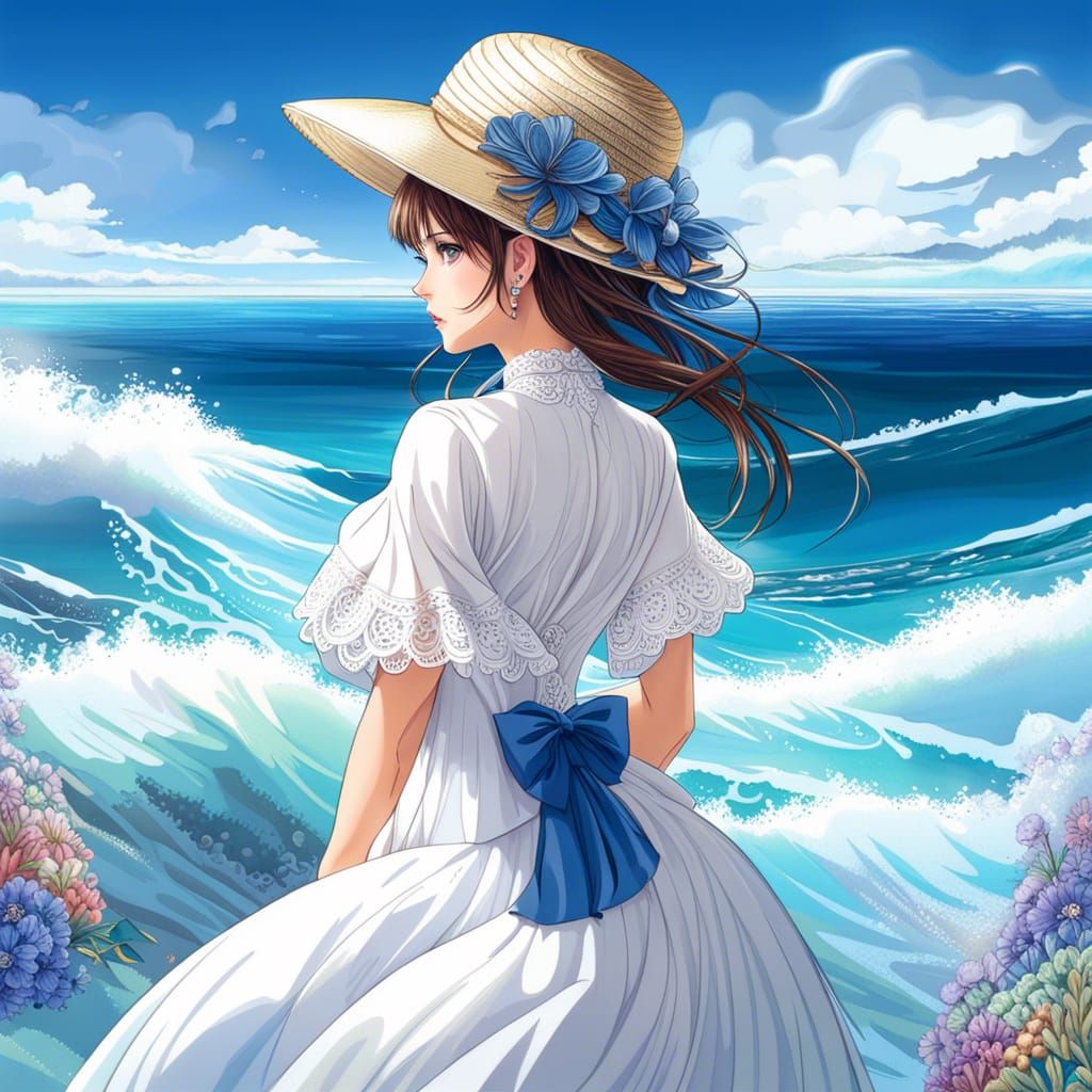 Anime Woman on Beach in Deep Color