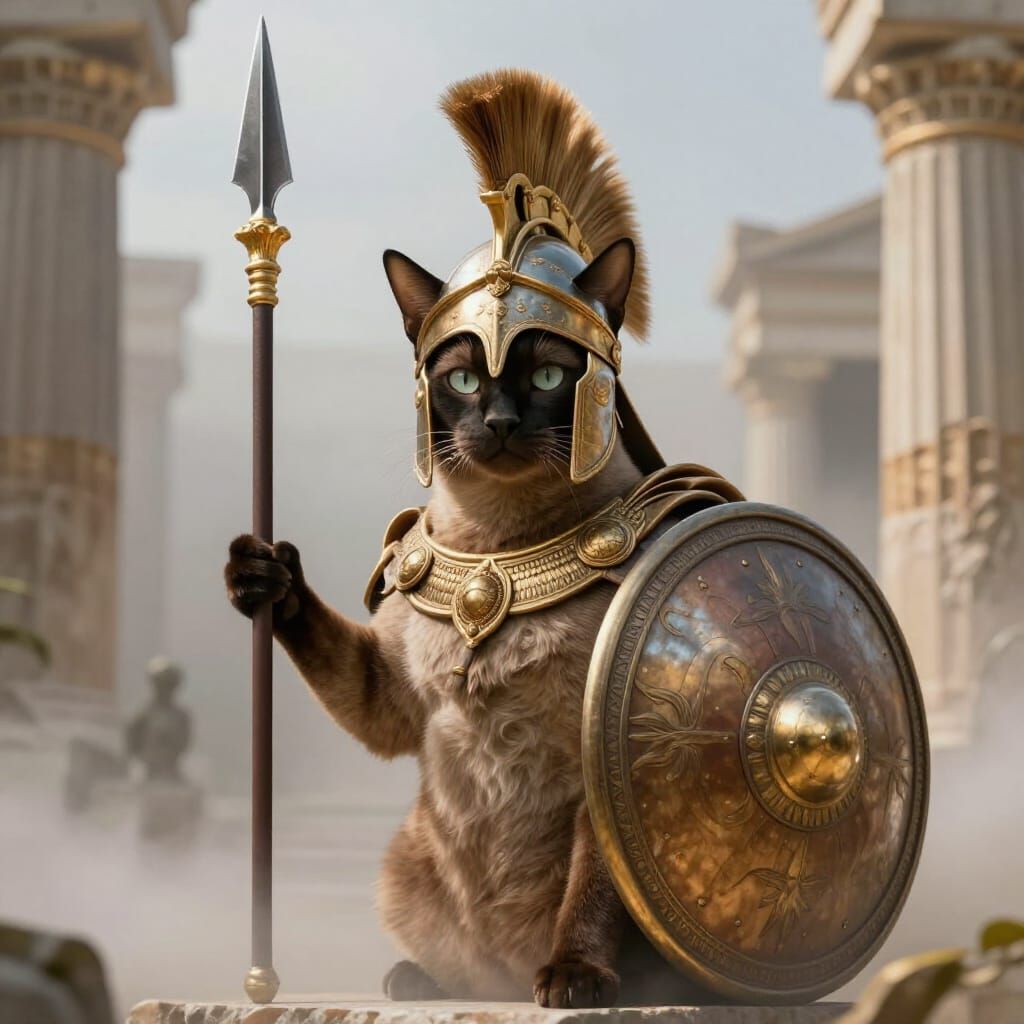 Burmese Cat Guards Temple of Athena with Golden Shield