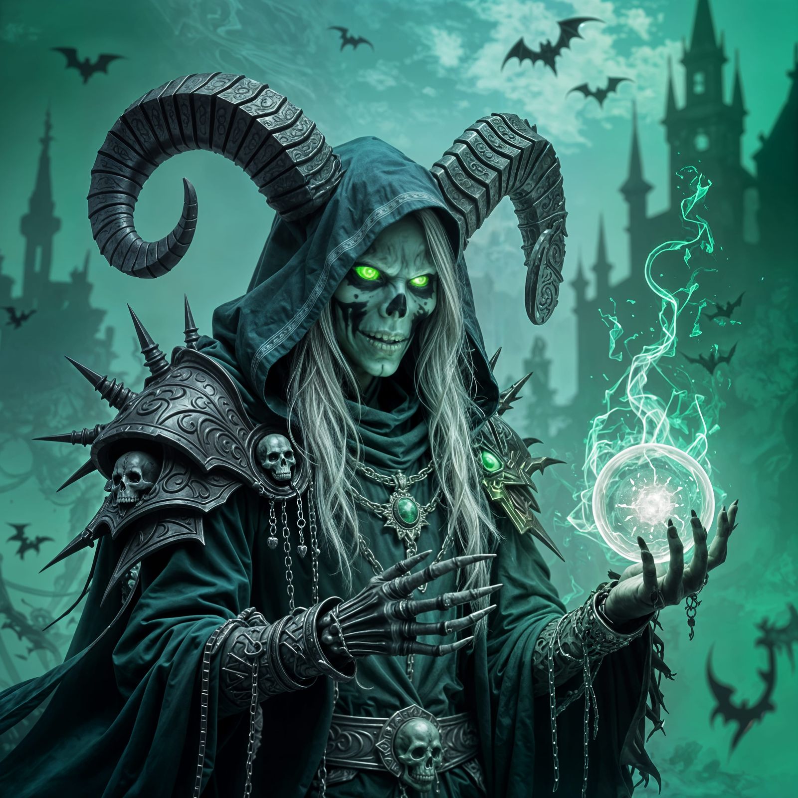 Necromancer Warlock with Emerald Runes and Ram Horns