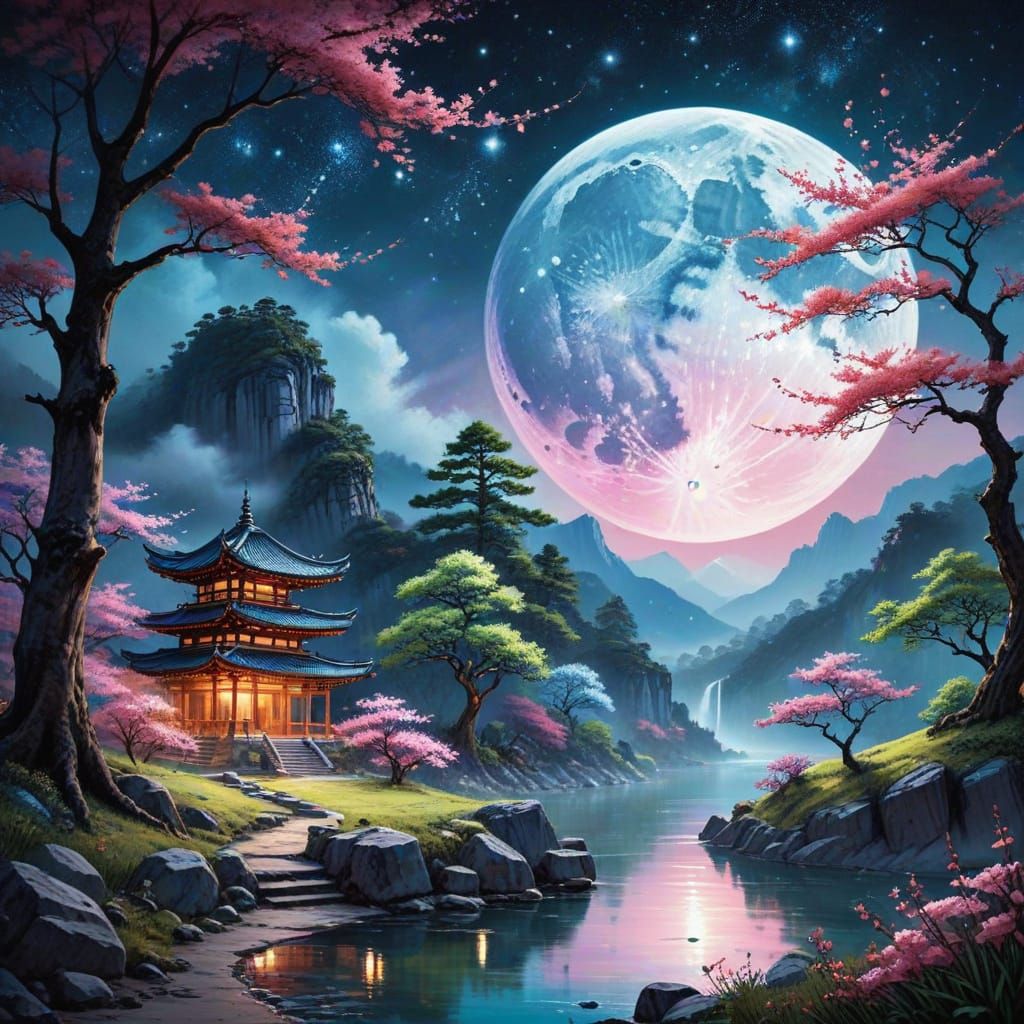 Magical Moonlit Landscape in Manga Style