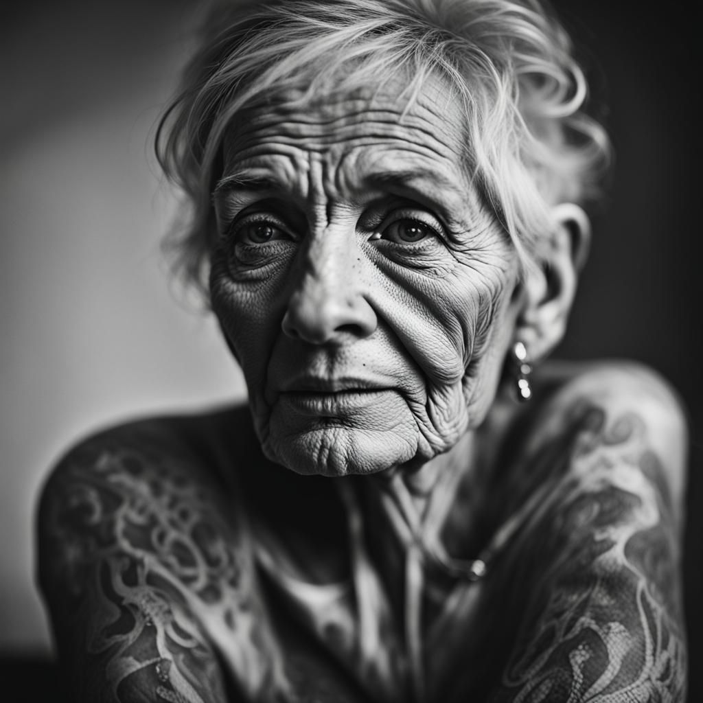 Tattooed Elderly Woman: Hyperrealistic Black and White Portr...