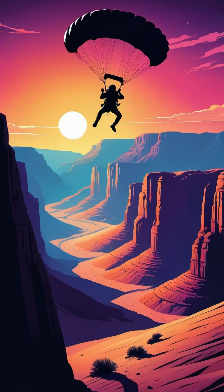Woman Parachuting Through Desert Canyon at Night