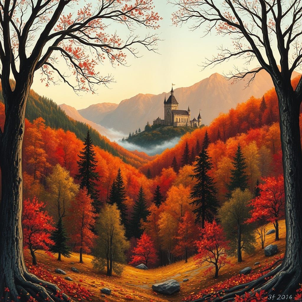 Autumn Castle Valley Painting Impasto Expressionism Style