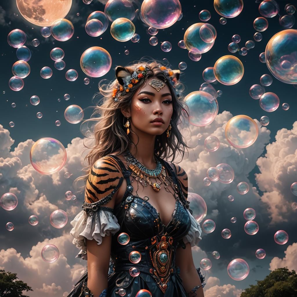 Biopunk Tiger Bubbles Fly at Moonrise