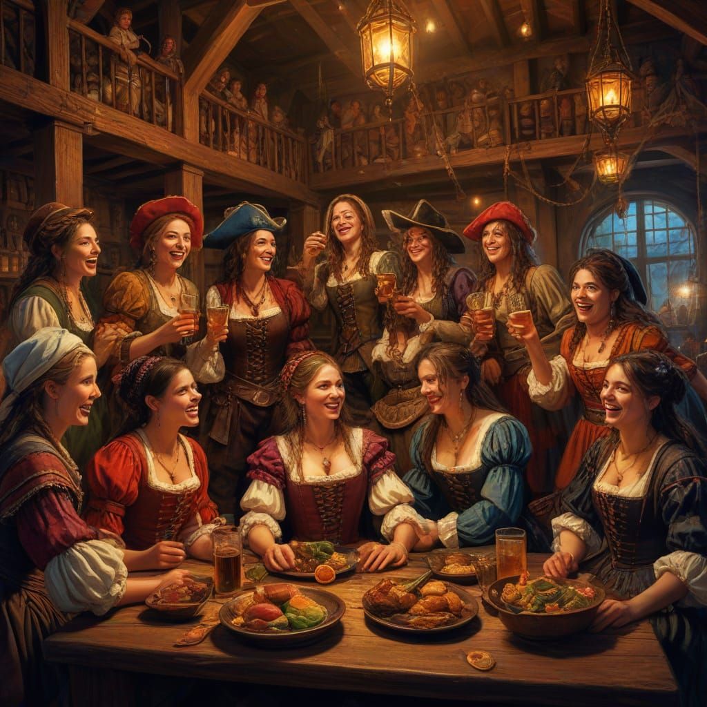 Female Pirates Celebrate in Vibrant Medieval Tavern Oil Pain...