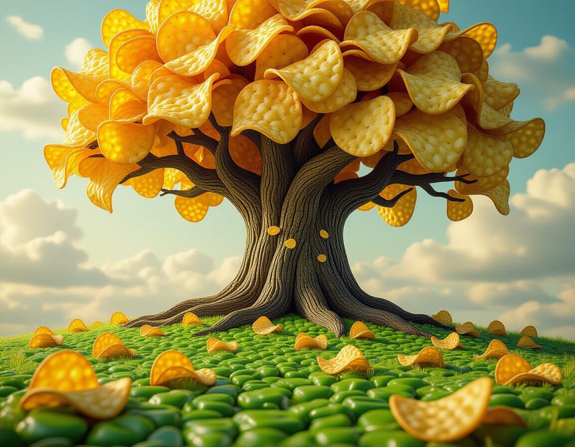 Surreal Oak Tree with Potato Chip Leaves and Pocky Meadow