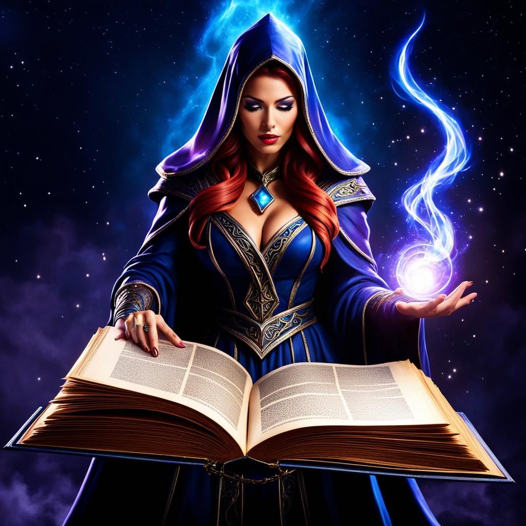Sorceress Magically Climbing Out of Spellbook Pages