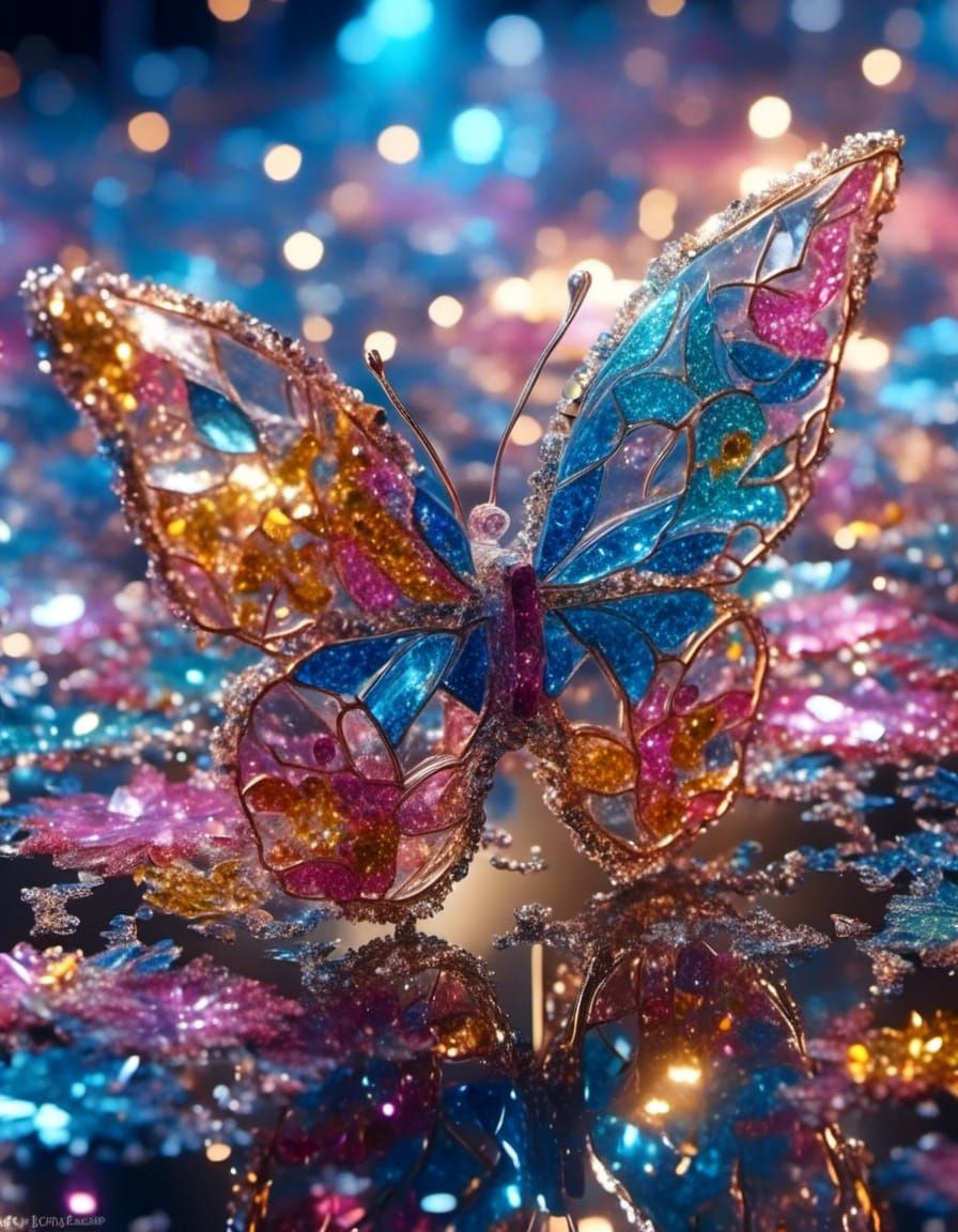 Glittering Cracked Glass Butterfly in Volumetric Lighting