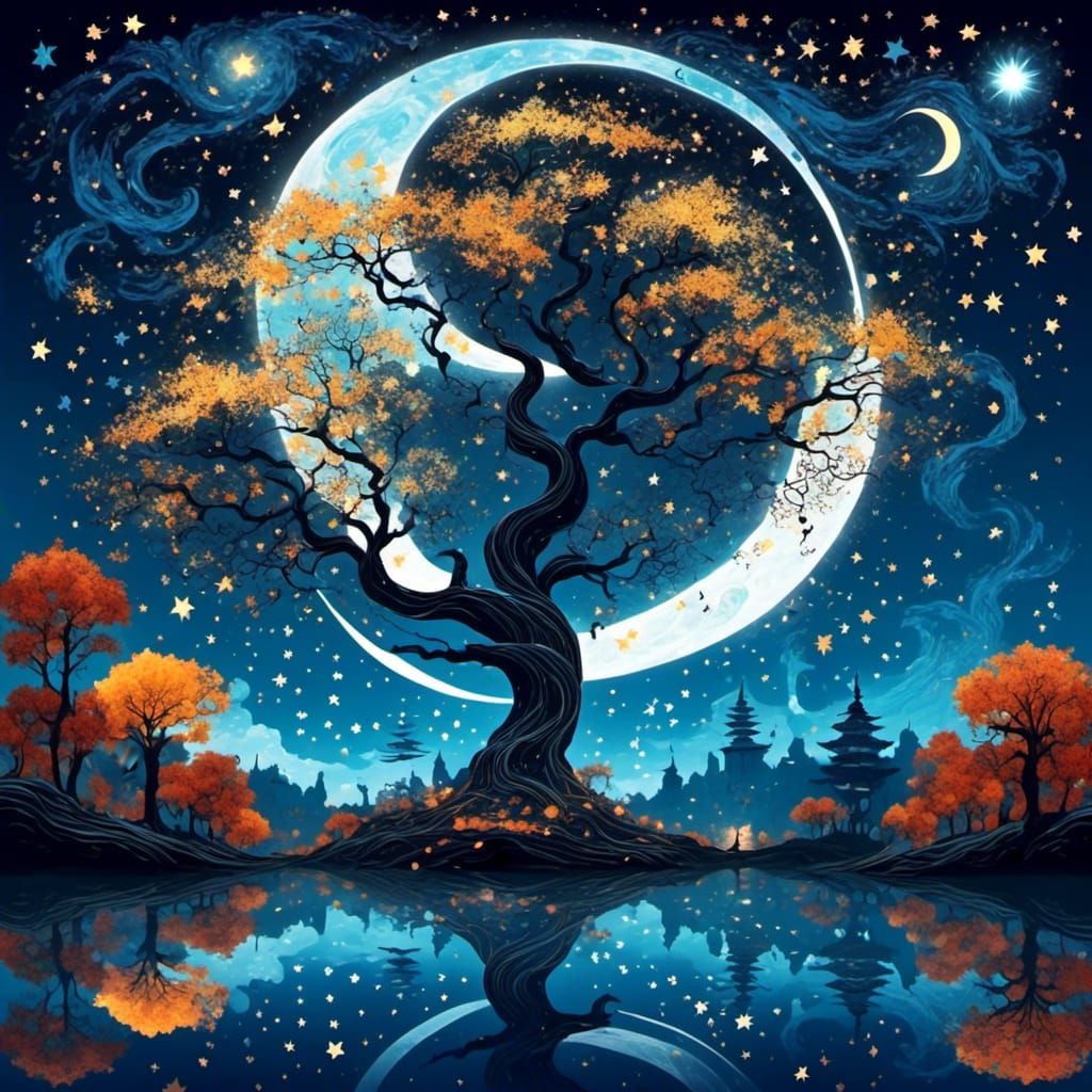 Magical Moonlit Path to Bodhi Tree on Starry Night