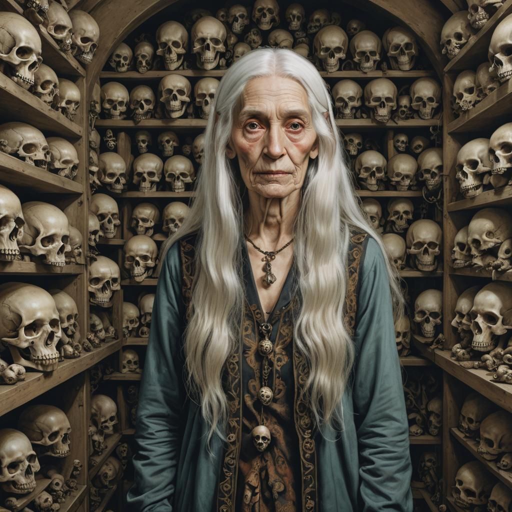 Old Woman in Skull Vault, Albrecht Durer Style