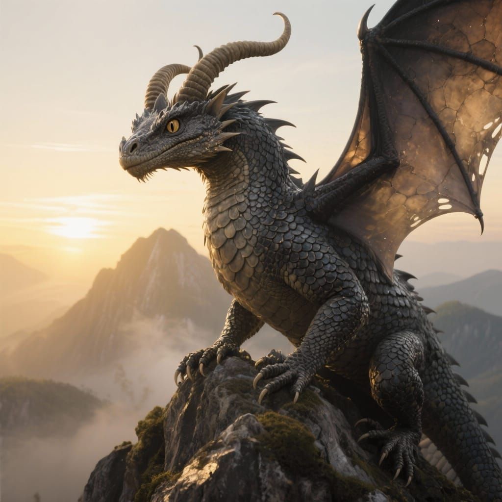 Majestic Dragon on Mountain Peak at Sunrise