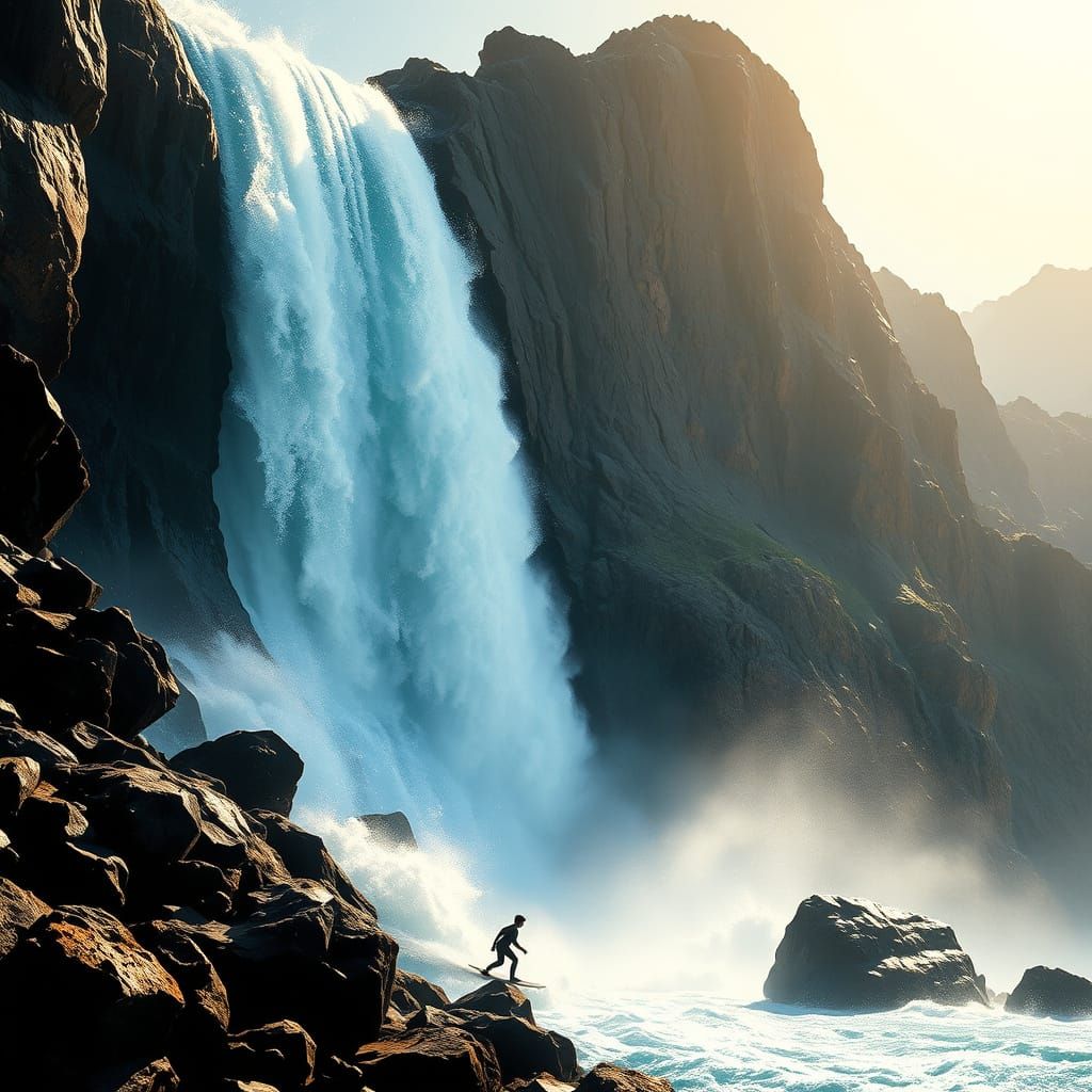 Cubist Waterfall Scene with Surfer