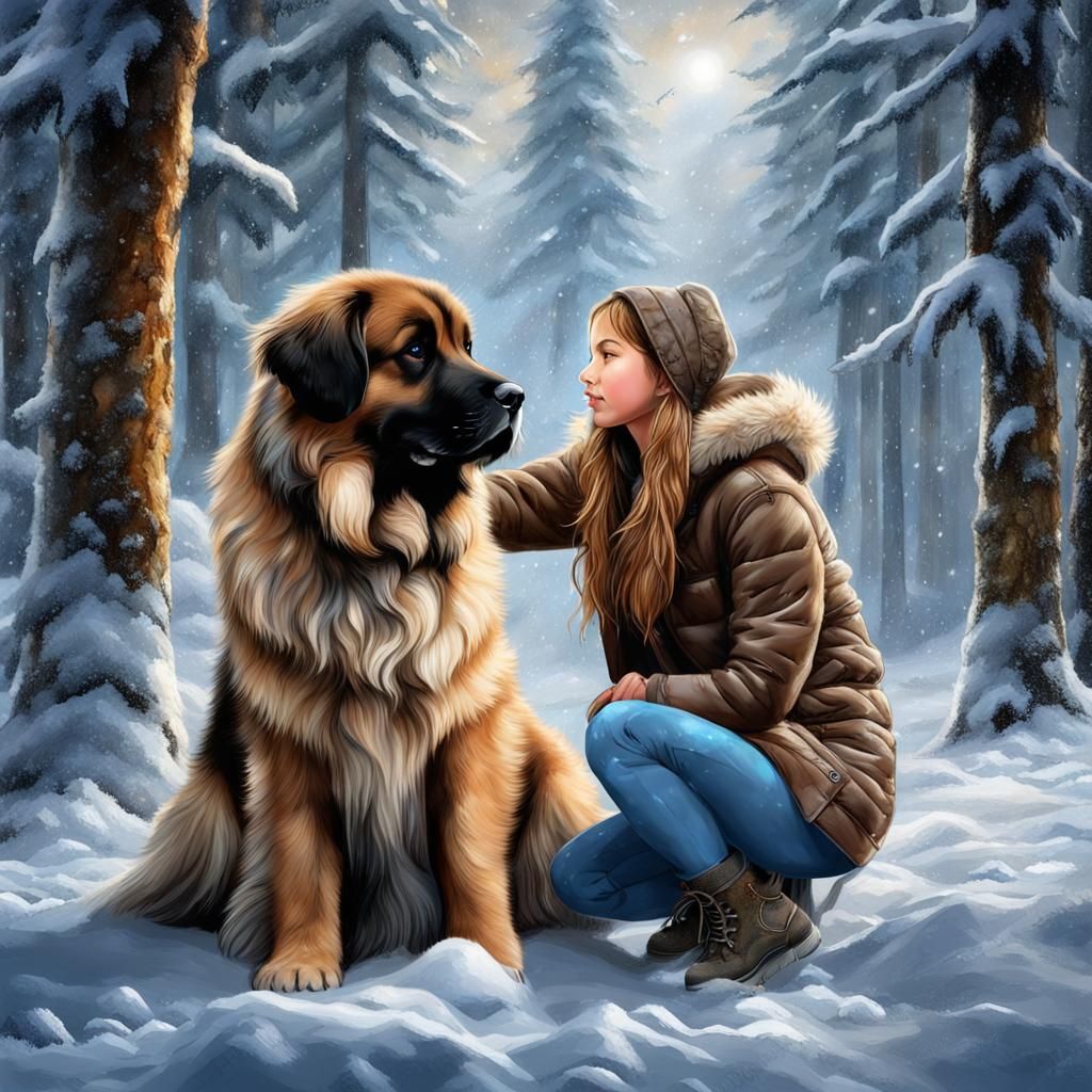 portrait of Leonberger puppy whit young girl.