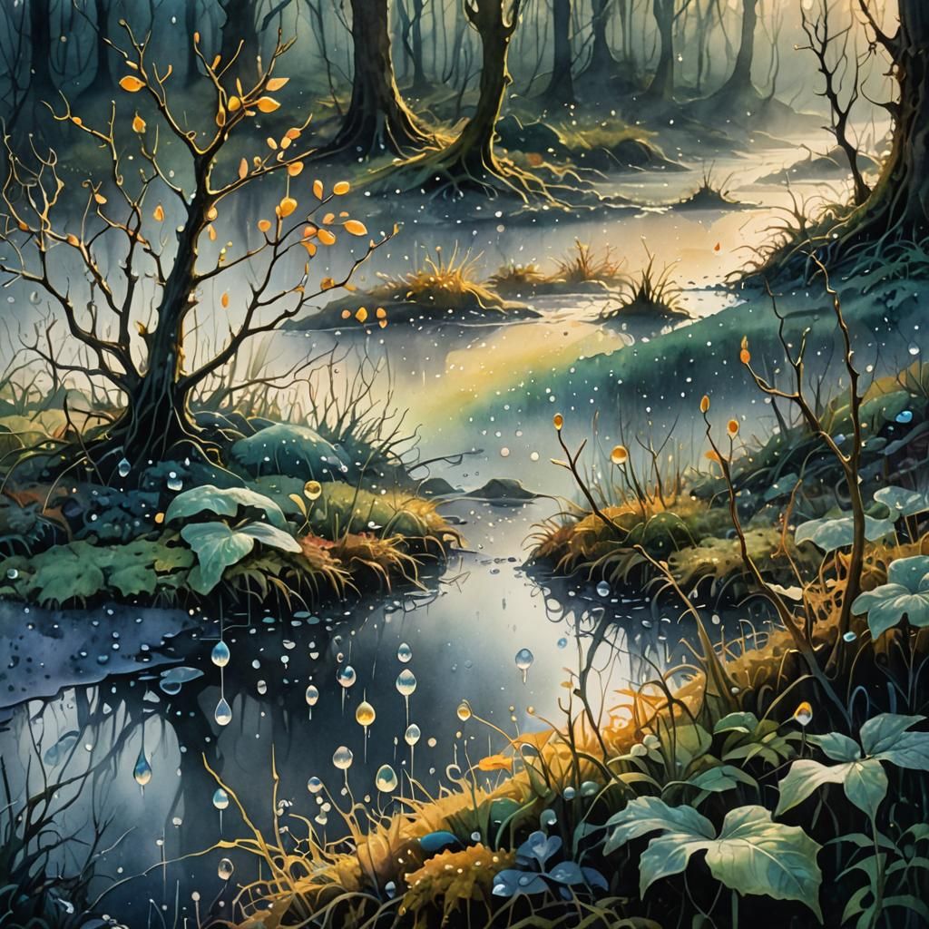 Dew Drops in Surreal Forest: Watercolor Dark Fantasy