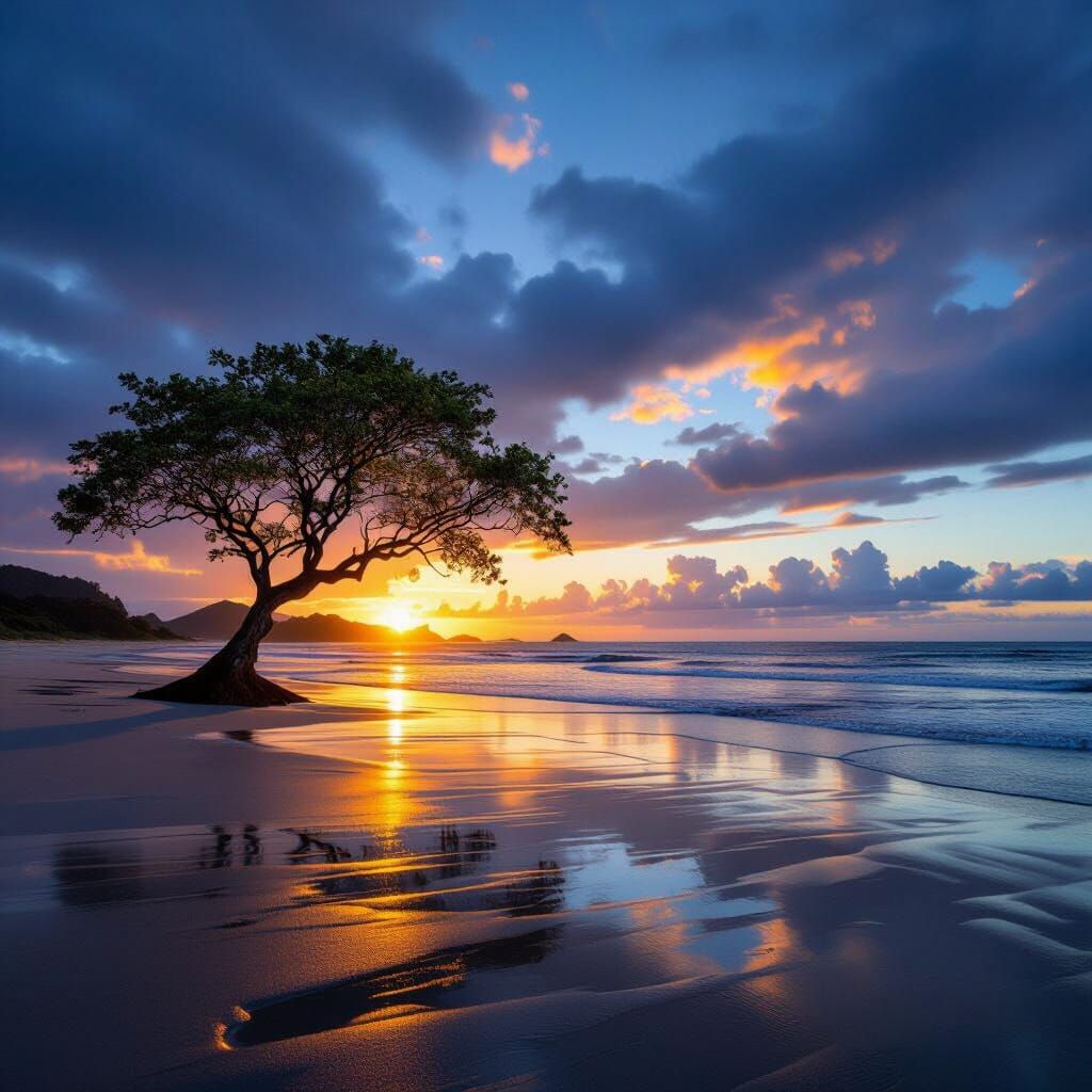 Dramatic Sunset Over New Zealand Tasman Beach