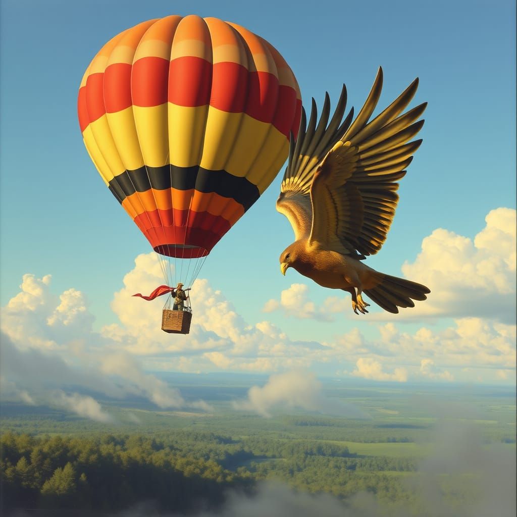 Hot Air Balloon and Eagle Over Rainforest