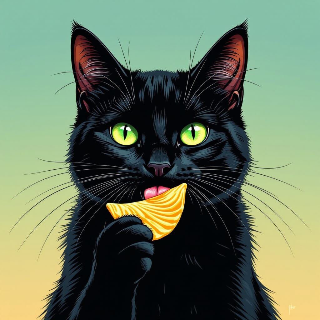 Black Cat Enjoys Pringle in Detailed Digital Art Style