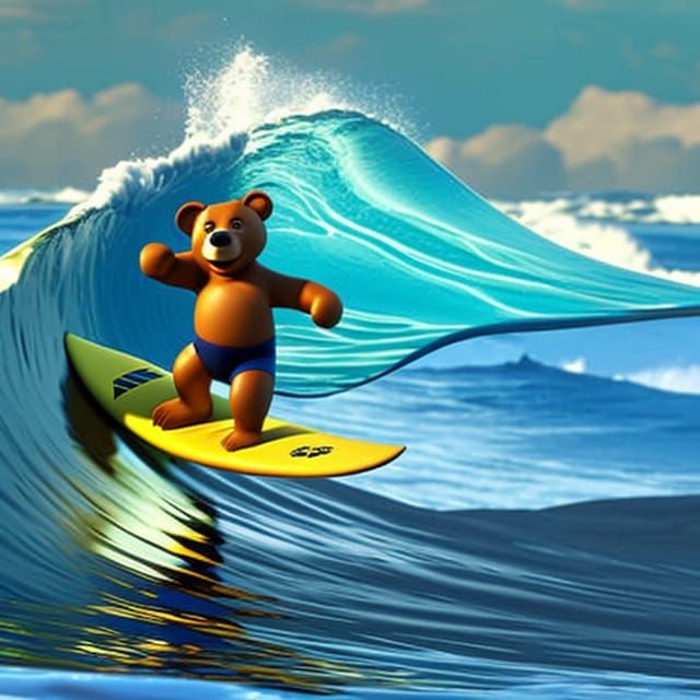 Teddy Bear Surfer on a Big Wave as 3D Art