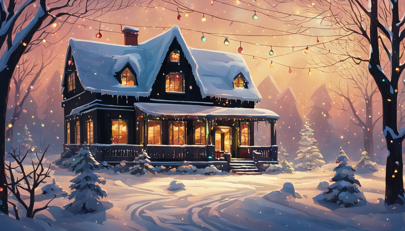 A Black House Aglow with Vibrant Christmas Lights in Winter