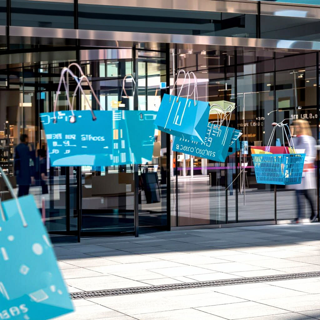 Modern Retail Building Entrance with Floating Shopping Bags