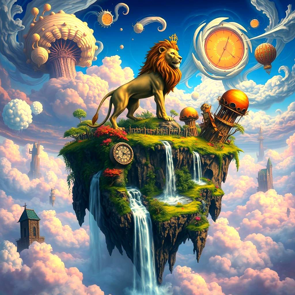 Majestic Clock Lion Reigns Over Whimsical Floating Oasis