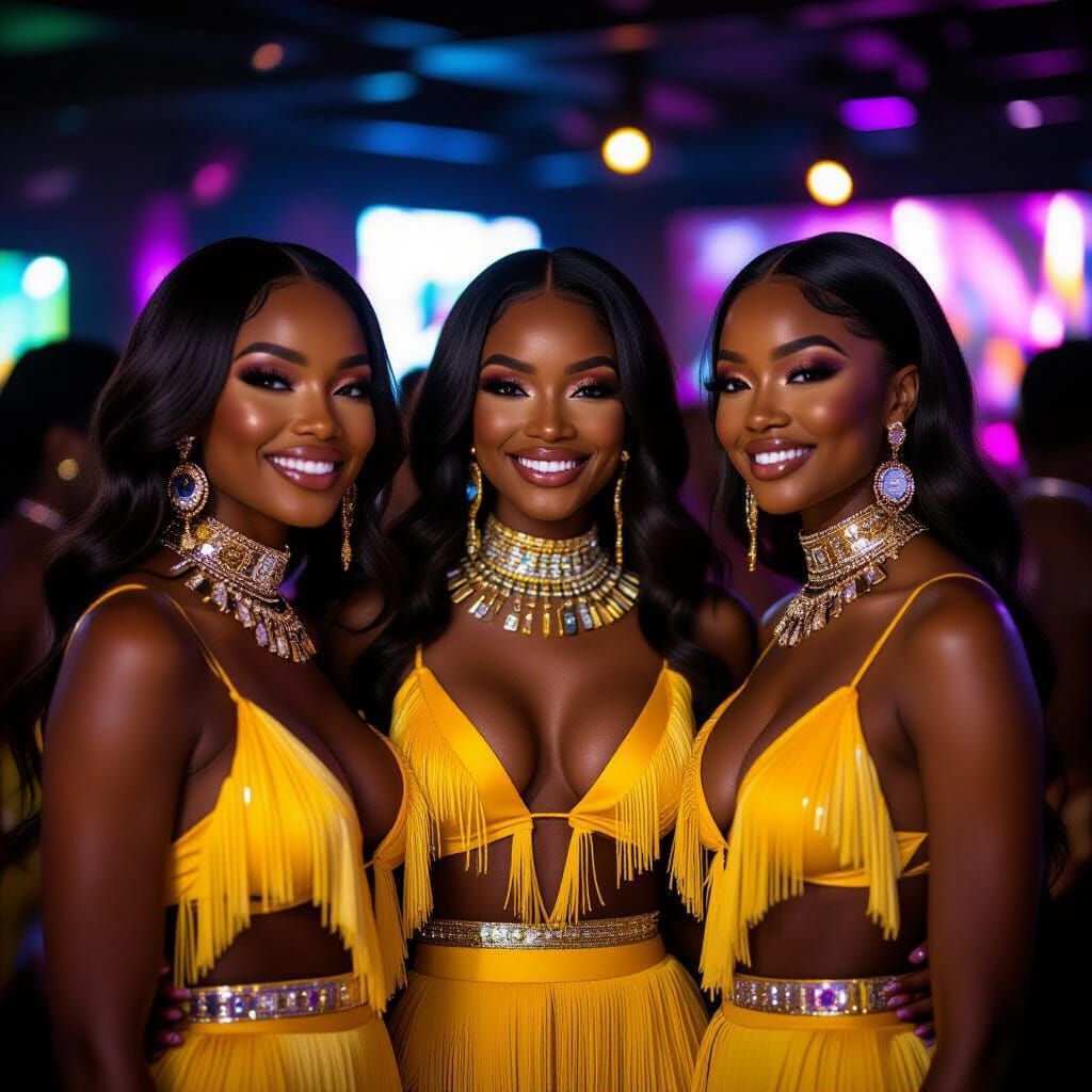 Smiling Women in Futuristic Dresses in Nightclub