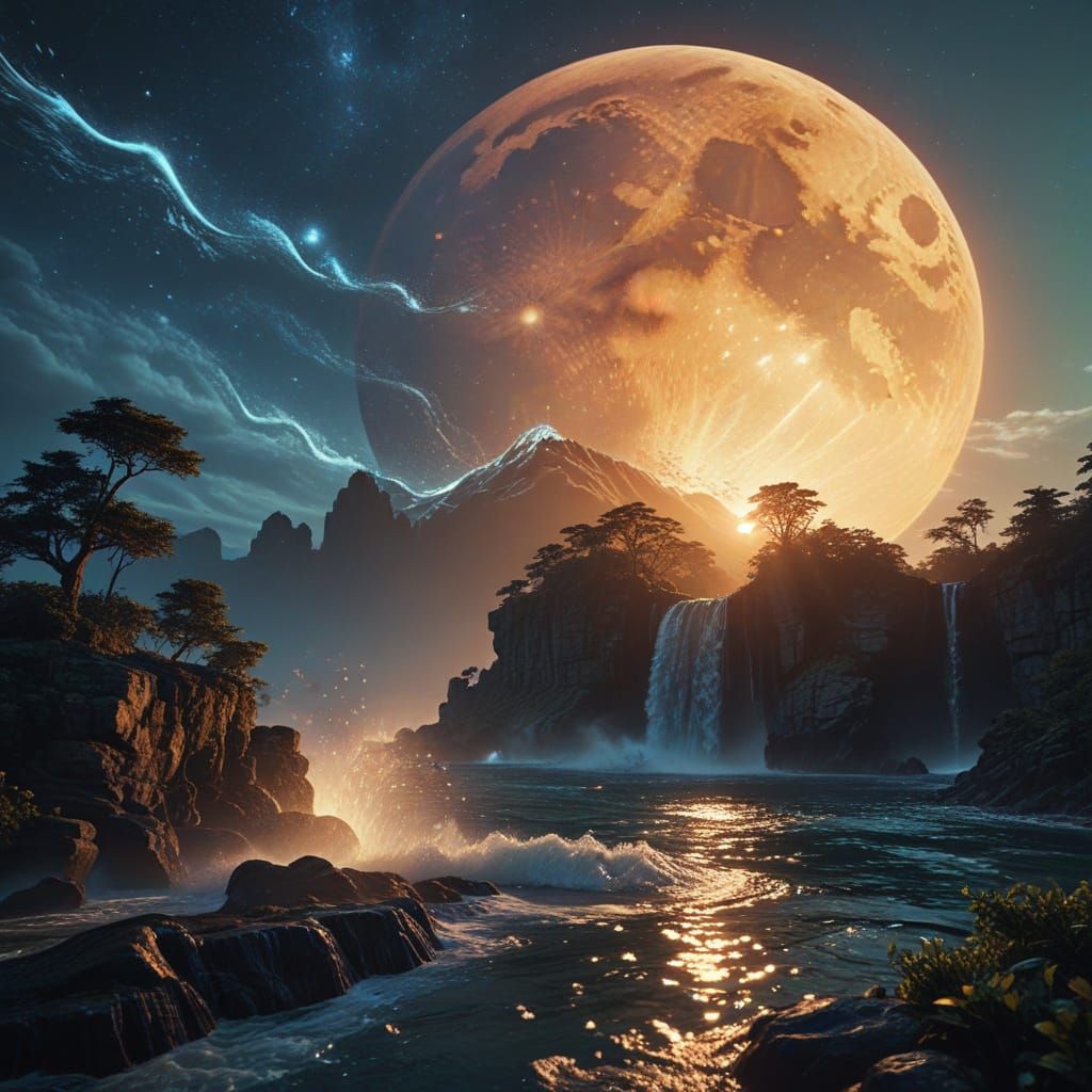 A surreal moonlit ocean landscape where a colossal crescent ...