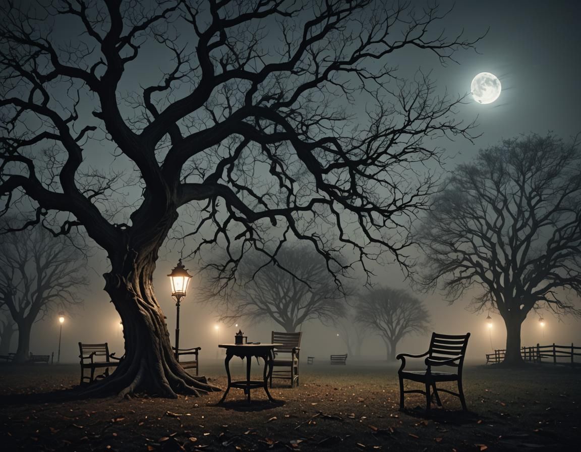 Eerie Night in Misty Park: Dark Fantasy Digital Art