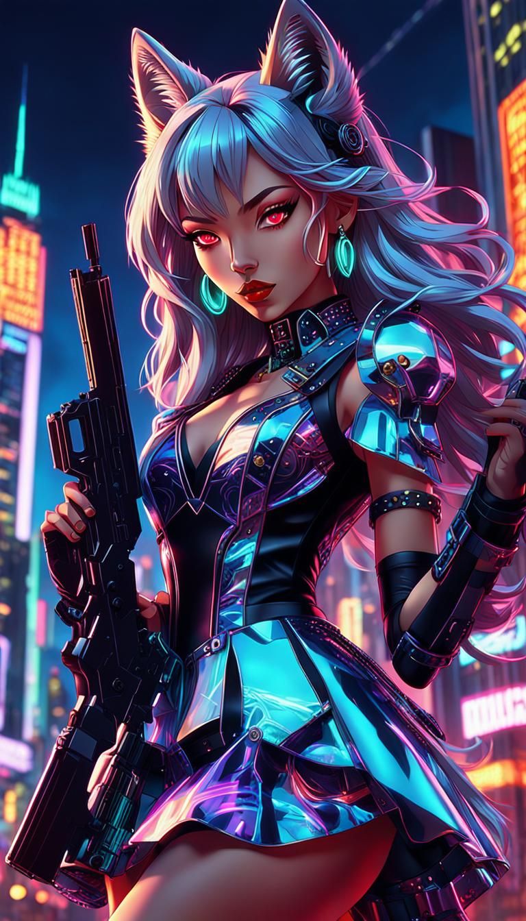 Neon Wolf-Eared Girls in Futuristic Cityscape
