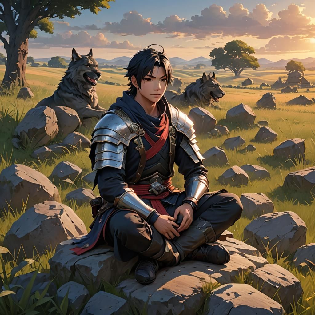 Lonely Fighter in Field at Sunset: Anime Art