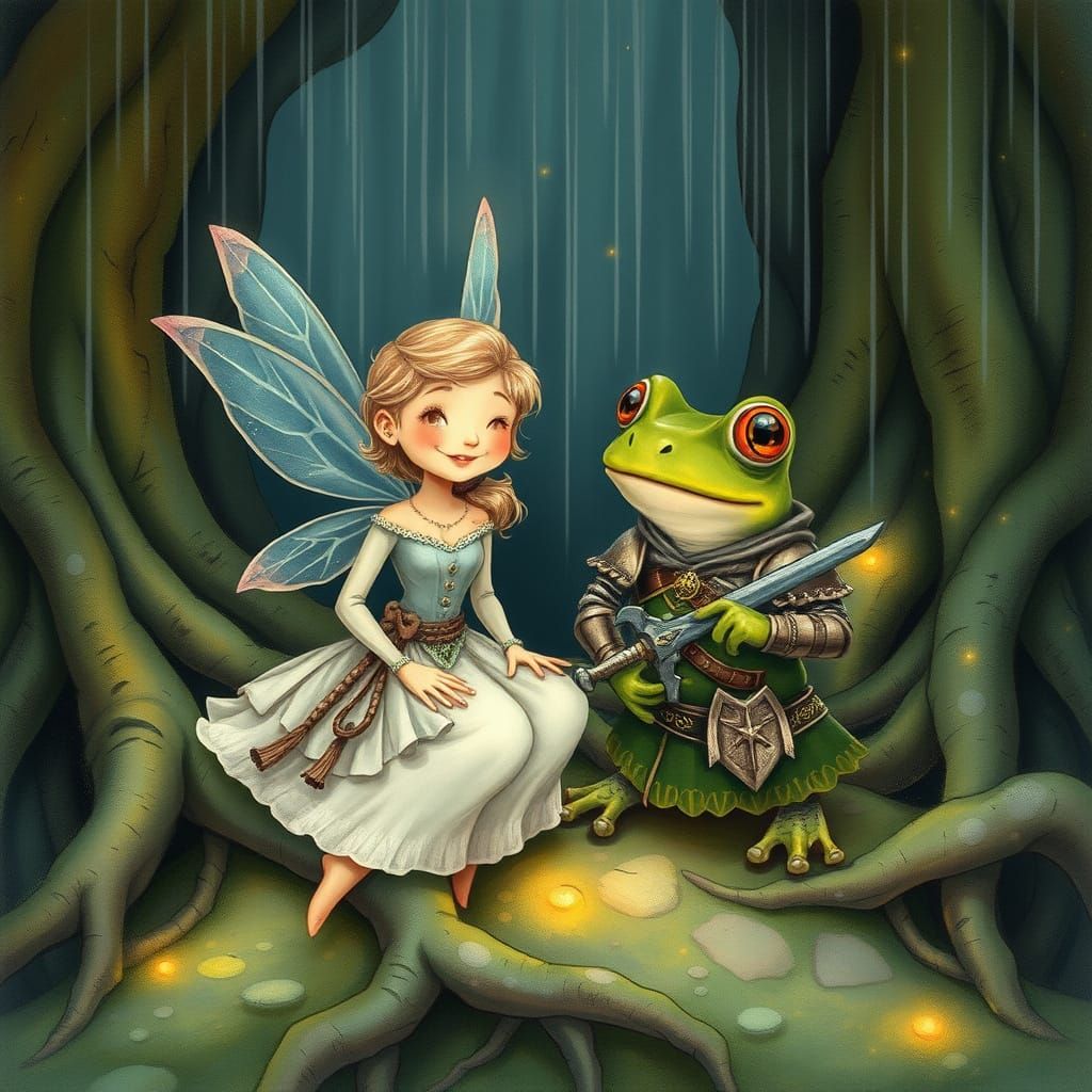 Whimsical Fairy Sits Beside Frog Warrior in Ancient Forest