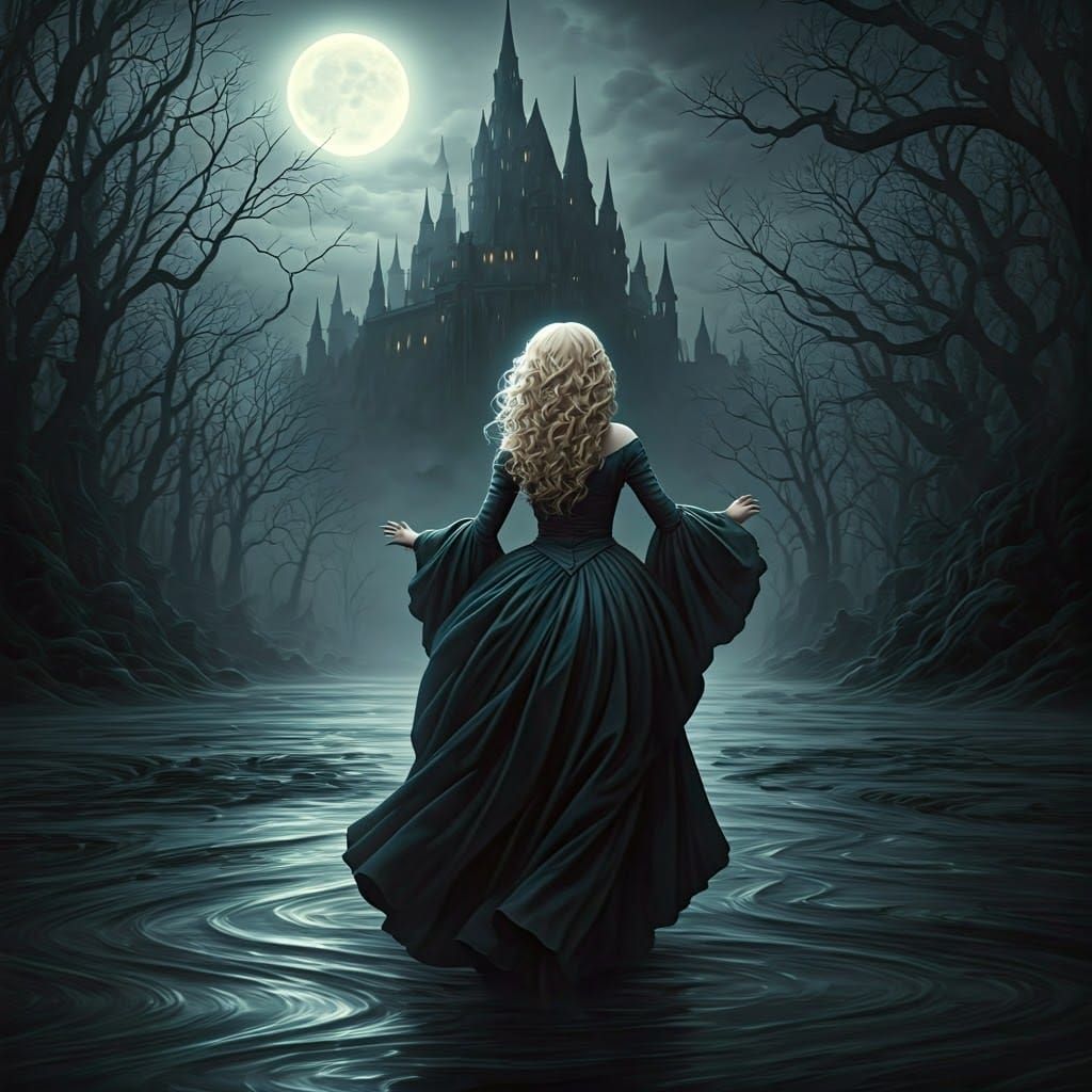 Ethereal Blonde Maiden Fleeing Dark Gothic Landscape