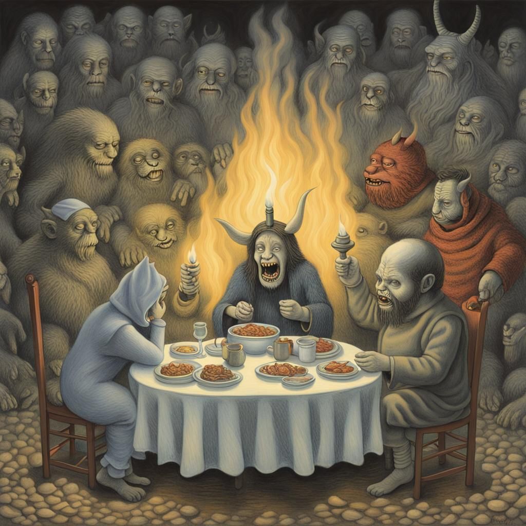 Surreal Dinner: God and Satan in Purgatory