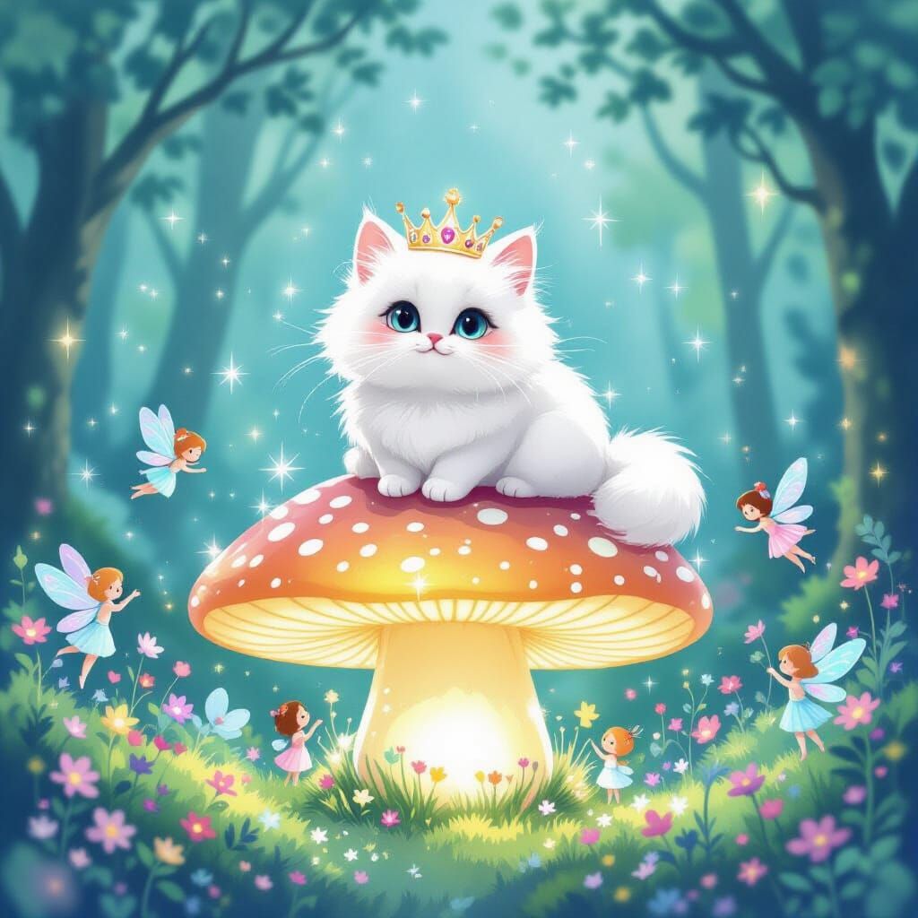 Cat on Mushroom in Bioluminescent Forest
