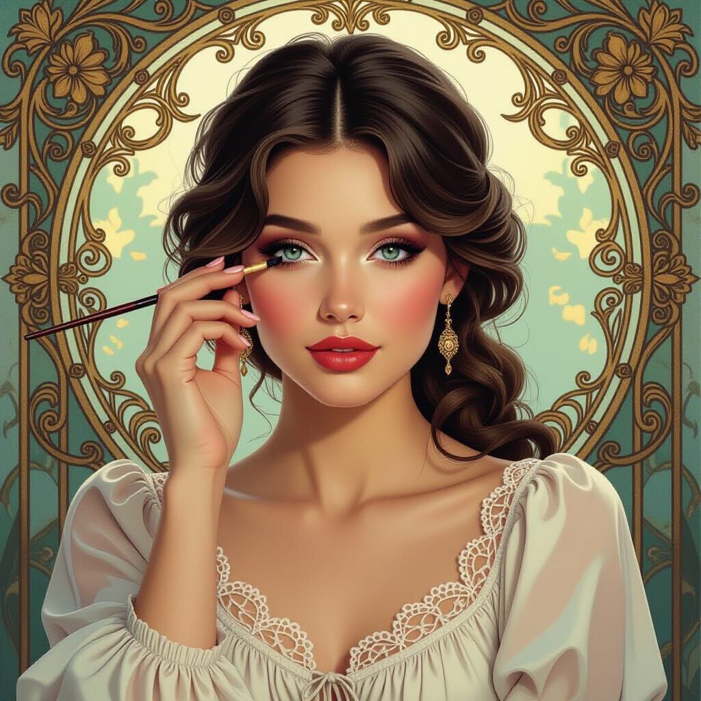 Elegant Woman Paints Eyes in Detailed Concept Art Style