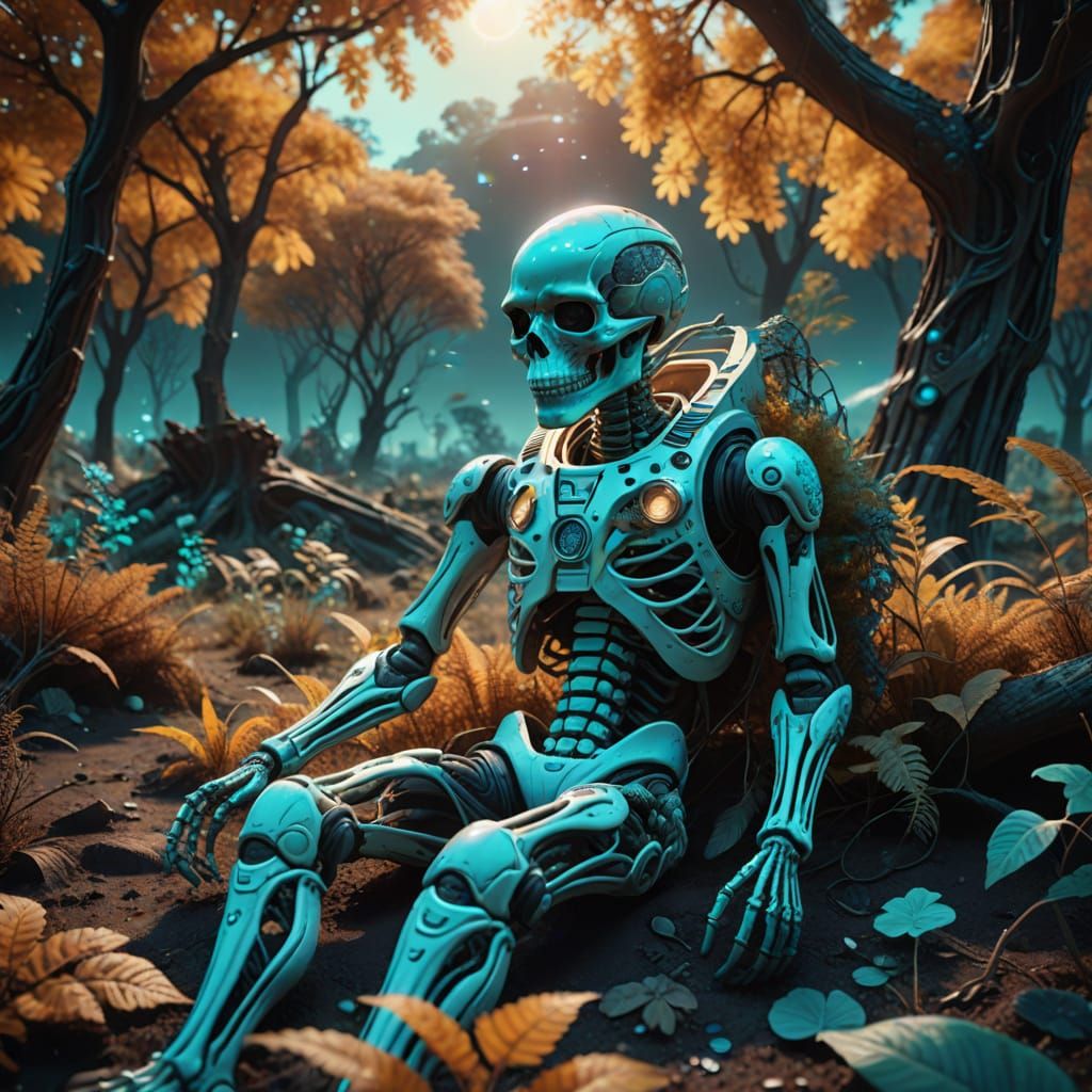 Alien Astronaut Skeleton on Bioluminescent Planet in 3D